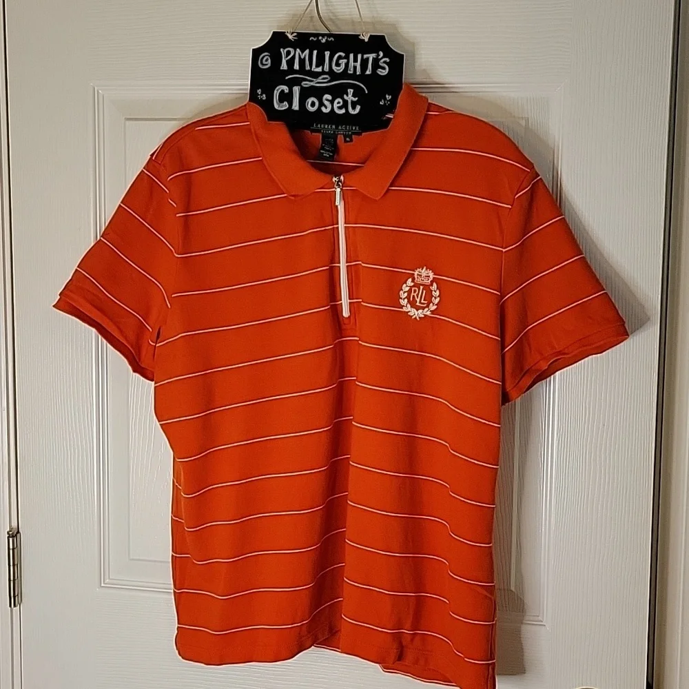 Lauren Active Polo XL Short Sleeve Orange White Stripe Zip Up